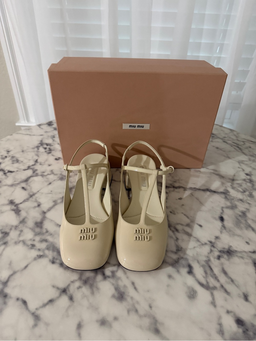 Miu Miu Cream Patent Leather T-Strap Slingback Mary Jane